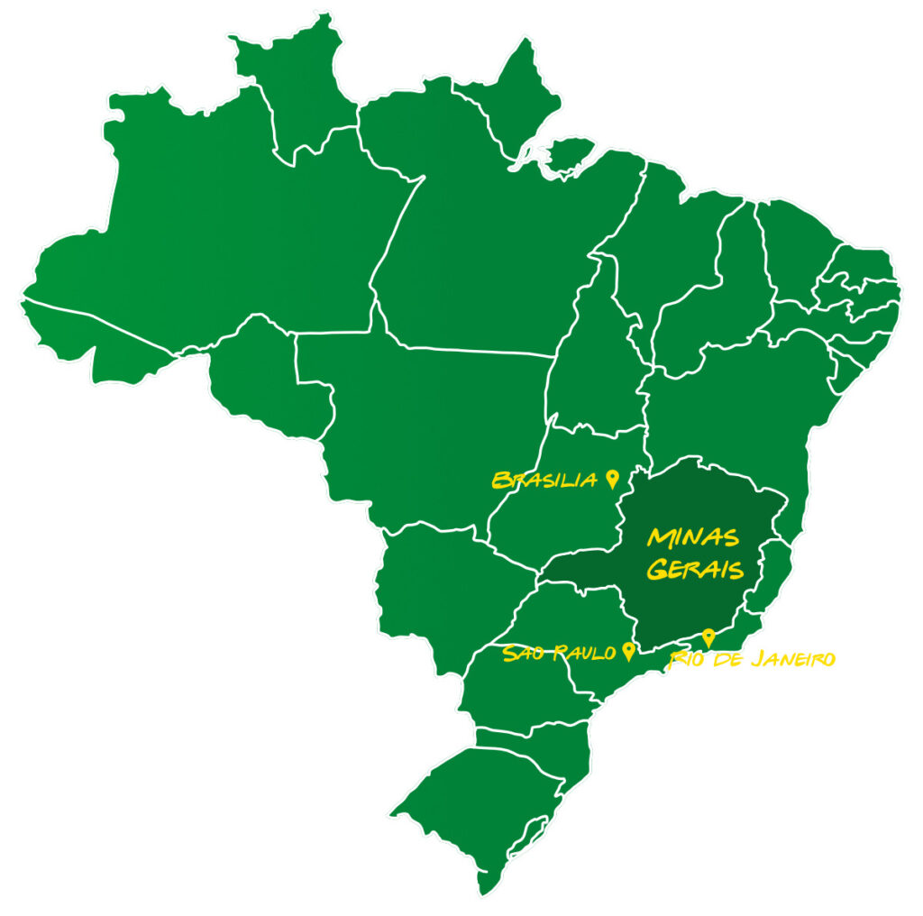Mapa Brazílie a jej regiónov s dôrazom na Minas Gerais, kde sa pestuje káva